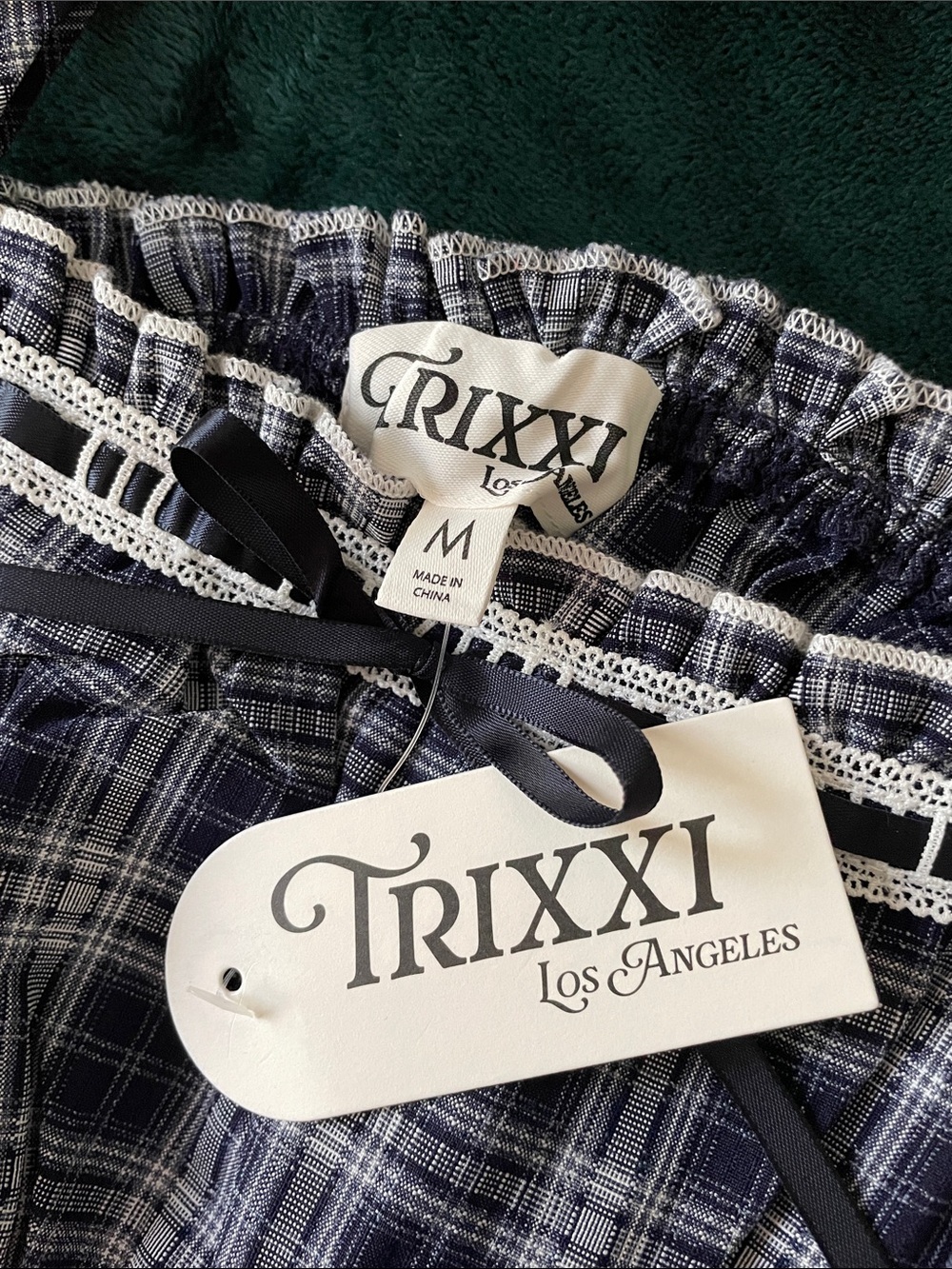 Trixxi Navy Blue Plaid Tiered Maxi Dress with Lace Trim